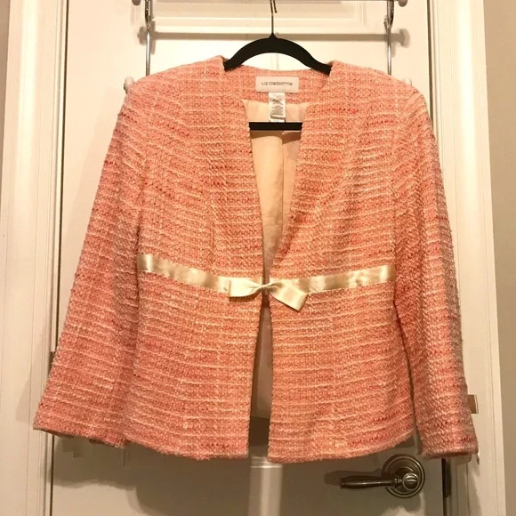 Adorable pink & cream tweed Liz Claiborne blazer with ribbons & bows (12) - Picture 1 of 16